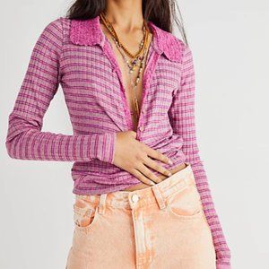 Free People ‘Delilah’ Ribbed Stretch Top w/ Crochet Collar | Pink | Medium